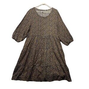 Toad & Co Manzana Tiered Midi Dress Black Florals Organic Peasant Prairie Size M